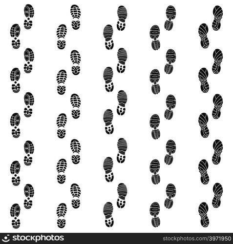 Sport shoe footprints walking away with copy space vector illustration. Shoe and boot track, footprint black silhouette. Sport shoe footprints walking away with copy space vector illustration