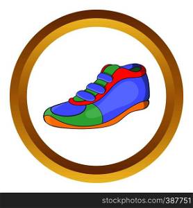 Sport shoe vector icon in golden circle, cartoon style isolated on white background. Sport shoe vector icon