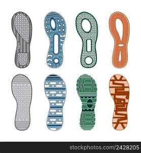 Sport shoes footprints colored set of different patterns on white background isolated vector illustration. Sport Shoes Footprints Colored Set