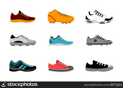 Sport shoes icon set. Flat set of sport shoes vector icons for web design isolated on white background. Sport shoes icon set, flat style