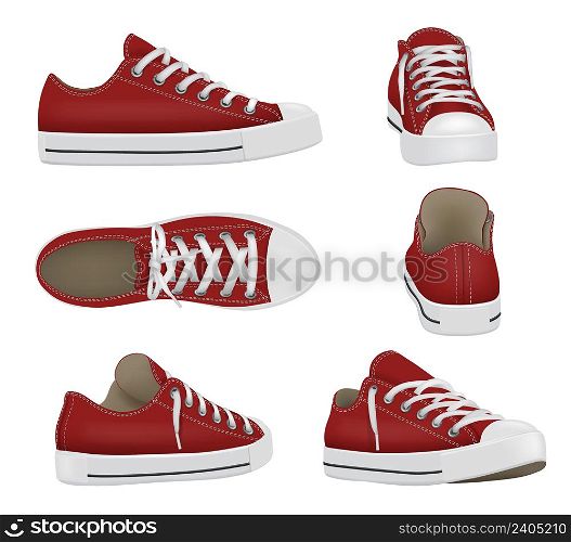Sport shoes. Realistic sneakers for active people healthy lifestyle decent vector colored sneakers in various views. Illustration of footwear for sport, fashion design shoes. Sport shoes. Realistic sneakers for active people healthy lifestyle decent vector colored sneakers in various views