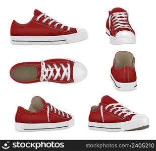 Sport shoes. Realistic sneakers for active people healthy lifestyle decent vector colored sneakers in various views. Illustration of footwear for sport, fashion design shoes. Sport shoes. Realistic sneakers for active people healthy lifestyle decent vector colored sneakers in various views