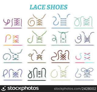 Sport shoes sneakers and boots lacing techniques 16 icons collection for wide narrow feet isolated vector illustration . Shoe Lacing Methods Icons Set 