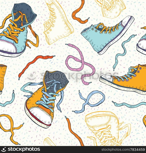 Sport shoes. Sneakers. Hand drawn Seamless Vector background.