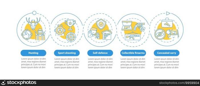 Sport shooting vector infographic template. Gun for self defense presentation design elements. Data visualization with 5 steps. Process timeline chart. Workflow layout with linear icons. Sport shooting vector infographic template