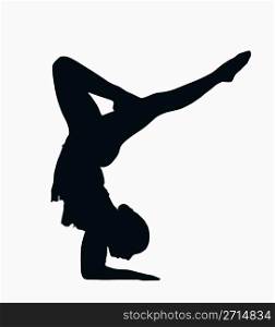 Sport Silhouette - Female Gymnast doing arm stand isolated black image on white background