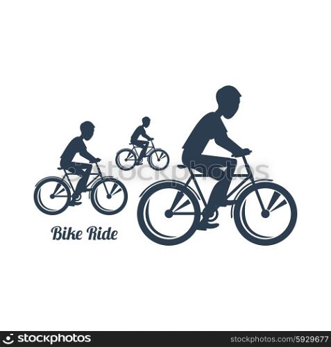 Sport silhouettes icon in black color on white background with text Bike Ride. Teenagers riding bicycles. For web construction, mobile applications, banners, brochures, books, layouts etc.