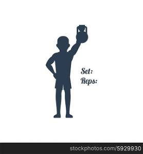 Sport silhouettes icon in black color on white background with text Set Reps. Atlete pulled up his left arm with kettlebell. For web construction, mobile applications, banners, brochures, books
