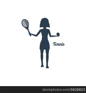 Sport silhouettes icon in black color on white background with text Tennis. Woman with racket and tennis ball. For web construction, mobile applications, banners, brochures, books, layouts etc.