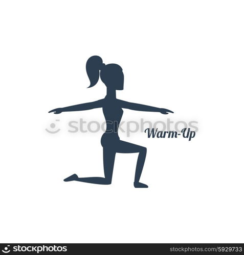 Sport silhouettes icon in black color on white background with text Warm-up. Girl squats morning exercises. For web construction, mobile applications, banners, brochures, books, layouts etc.