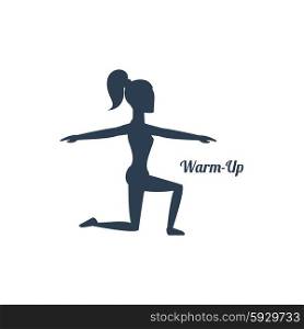 Sport silhouettes icon in black color on white background with text Warm-up. Girl squats morning exercises. For web construction, mobile applications, banners, brochures, books, layouts etc.