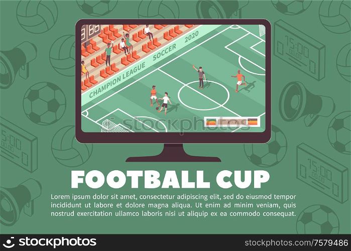 Sport stadium horizontal banner with editable text tv set showing soccer game with silhouette icons background vector illustration