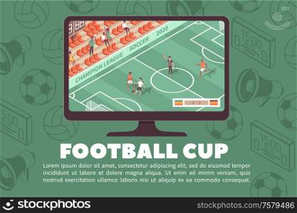 Sport stadium horizontal banner with editable text tv set showing soccer game with silhouette icons background vector illustration