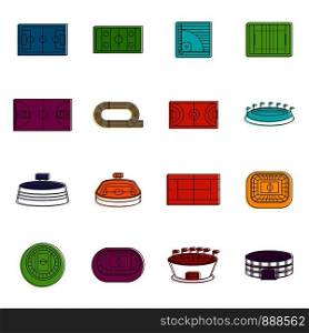 Sport stadium icons set. Doodle illustration of vector icons isolated on white background for any web design. Sport stadium icons doodle set