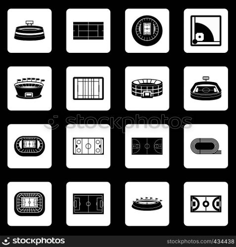 Sport stadium icons set in white squares on black background simple style vector illustration. Sport stadium icons set squares vector