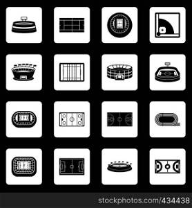 Sport stadium icons set in white squares on black background simple style vector illustration. Sport stadium icons set squares vector
