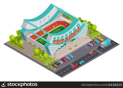 Sport Stadium Isometric Outdoor Composition Banner. City sport center arena stadium with parking lot and traffic outside isometric composition poster abstract vector illustration
