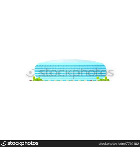 Sport stadium public building isolated icon. Vector exterior of football, basketball, ice hockey, soccer ball arena, glass construction with roof. Facade of stadium, championships and tournaments. Round glass stadium building, sport arena icon