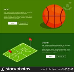 Sport stadium web posters with basketball school playground 3D vector illustration with ball and field, text on green. Sportsground with baskets and grass. Sport Stadium Posters with Basketball Playground