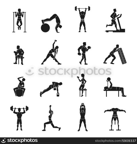 Sport strength workout black and white icons set isolated vector illustration. Workout Black And White Set