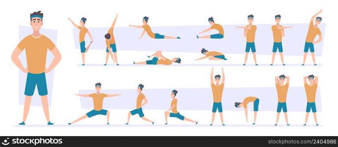 Sport stretching. Muscles flexibility poses workout movements action for recreation people exact vector colored illustrations. Workout and stretch exercise, fitness action recreation. Sport stretching. Muscles flexibility poses workout movements action for recreation people exact vector colored illustrations