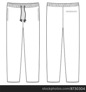 Sport style jogger pants with pockets. Technical sketch. Kids trousers design template. CAD male sport pants. Front and back view. Vector illustration. Sport style jogger pants with pockets. Technical sketch. Kids trousers design template.