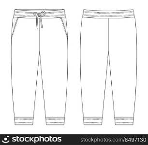 Sport style pants with pockets technical sketch. KIds trousers design template. CAD male sport pants. Front and back view. Vector illustration. Sport style pants with pockets technical sketch. KIds trousers design template.