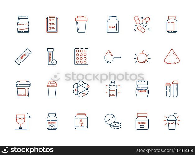 Sport supplement food. Fitness nutrition pills protein shake and bottles vector thin colored icons. Sport whey and protein for bodybuilding, supplement to muscle illustration. Sport supplement food. Fitness nutrition pills protein shake and bottles vector thin colored icons