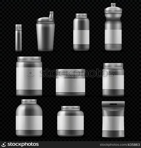Sport supplement plastic jar containers for drinks and powder. Vector templates isolated. Sport nutrition packaging, container with sport supplement for bodybuilding illustration. Sport supplement plastic jar containers for drinks and powder. Vector templates isolated