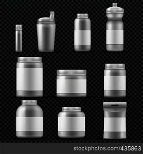 Sport supplement plastic jar containers for drinks and powder. Vector templates isolated. Sport nutrition packaging, container with sport supplement for bodybuilding illustration. Sport supplement plastic jar containers for drinks and powder. Vector templates isolated