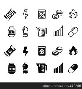 Sport supplements power, protein and vitamin sports nutrition line and silhouette icons collection. Vector illustration. Sport supplements power, protein and vitamin sports nutrition