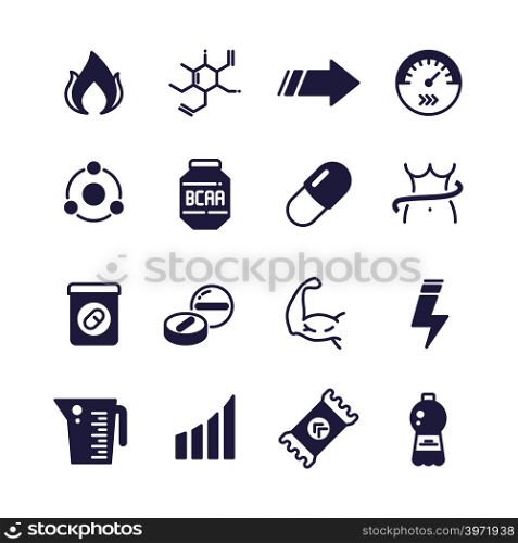 Sport supplements power, protein and vitamin sports nutrition vector icons. Sport nutrition for power, protein and vitamin for fitness illustration. Sport supplements power, protein and vitamin sports nutrition vector icons