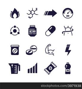 Sport supplements power, protein and vitamin sports nutrition vector icons. Sport nutrition for power, protein and vitamin for fitness illustration. Sport supplements power, protein and vitamin sports nutrition vector icons