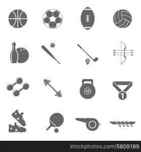 Sport symbols black icons collection with weightlifting barbells and table tennis winner medal abstract isolated vector illustration. Sport icons set black
