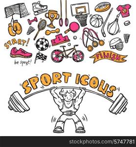 Sport symbols doodle sketch icons of hockey players helmet gymnastics rings and boxer gloves abstract vector illustration