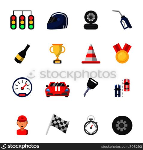 Sport symbols of racing. Car, motor, track and other flat icons. Vector sport vehicle, auto motor championship, speedometer and racer illustration. Sport symbols of racing. Car, motor, track and other flat icons