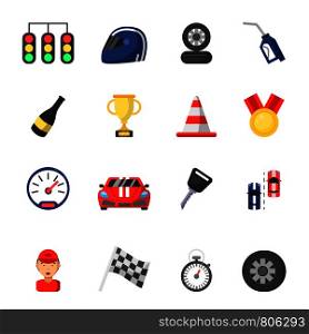 Sport symbols of racing. Car, motor, track and other flat icons. Vector sport vehicle, auto motor championship, speedometer and racer illustration. Sport symbols of racing. Car, motor, track and other flat icons