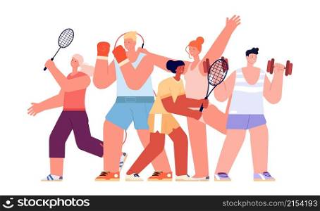Sport team. Different athletes, international sports characters. Isolated fitness coach, gym group vector illustration. Sport athlete, tennis and boxing. Sport team. Different athletes, international sports characters. Isolated fitness coach, gym group vector illustration