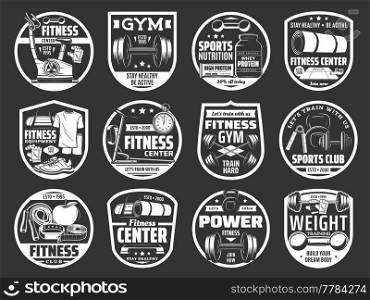 Sport tool and equipment isolated vector icons of gym, fitness and weightlifting club. Dumbbell, kettlebell and barbell, training sneakers, jump rope, mat and protein, exercise bike and bottle badges. Sport tool and equipment isolated icons of gym