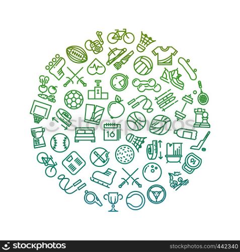 Sport tools line icons in circle design. Green trendy outline fitness logo on white. Vector illustration. Sport tools line icons in circle design