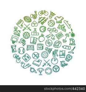Sport tools line icons in circle design. Green trendy outline fitness logo on white. Vector illustration. Sport tools line icons in circle design