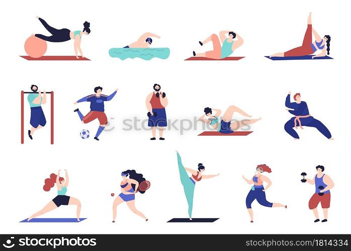Sport training characters. Gymnastics person, isolated people workout. Girl boy jump, doing exercises and fitness in gym decent vector set. Tennis and swimming, stretching and jogging illustration. Sport training characters. Gymnastics person, isolated people workout. Girl boy jump, doing exercises and fitness in gym decent vector set