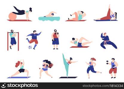 Sport training characters. Gymnastics person, isolated people workout. Girl boy jump, doing exercises and fitness in gym decent vector set. Tennis and swimming, stretching and jogging illustration. Sport training characters. Gymnastics person, isolated people workout. Girl boy jump, doing exercises and fitness in gym decent vector set