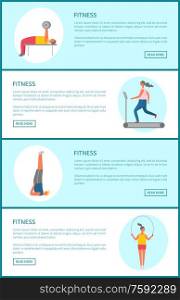 Sport training, fitness tips web site pages vector. Weight lifting and running on treadmill, aerobics and jumping rope exercises, men and women working out. Fitness Web Page Template, Sport and Exercise