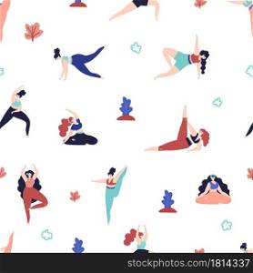 Sport training in park. Flat fitness woman, outdoor yoga exercises characters. Summer lifestyle, activities vector seamless pattern. Training fitness, activity lifestyle and workout illustration. Sport training in park. Flat fitness woman, outdoor yoga exercises characters. Summer lifestyle, decent activities vector seamless pattern