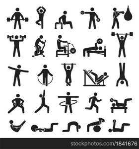 Sport training workout icon, fitness exercising pictograms. People lifting dumbbells, doing yoga, boxing. Sports recreation activity vector set. Bodybuilding and practicing pilates. Sport training workout icon, fitness exercising pictograms. People lifting dumbbells, doing yoga, boxing. Sports recreation activity vector set