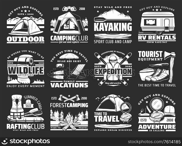 Sport, travel and active leisure vector icons. Hiking and camping tools, ski and mat, travel trailer and tent, axe and boat, backpack and rafting equipment. Kayaking sport, campfire and rv van rent. Sport, travel and active leisure vector icons