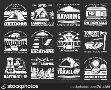 Sport, travel and active leisure vector icons. Hiking and camping tools, ski and mat, travel trailer and tent, axe and boat, backpack and rafting equipment. Kayaking sport, campfire and rv van rent. Sport, travel and active leisure vector icons