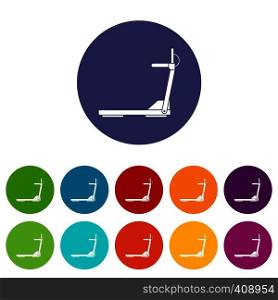Sport treadmill running road equipment set icons in different colors isolated on white background. sport treadmill running road equipment set icons