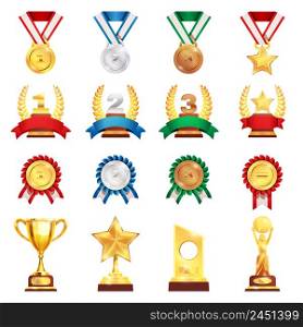 Sport trophies festival awards collection with gold silver bronze medals and football championship cup isolated vector illustration . Award Trophy Medal Realistic Set
